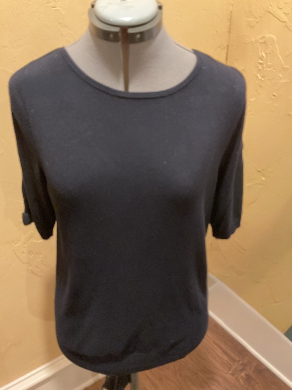 Women's Black Short-Sleeve Knit Top with Rolled Sleeves